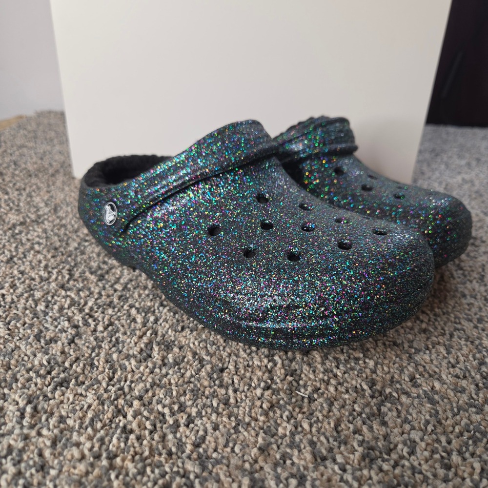 Crocs Classic Lined Glitter Clog Black Multi Sparkle Faux Fur Mens 5 Womens 7